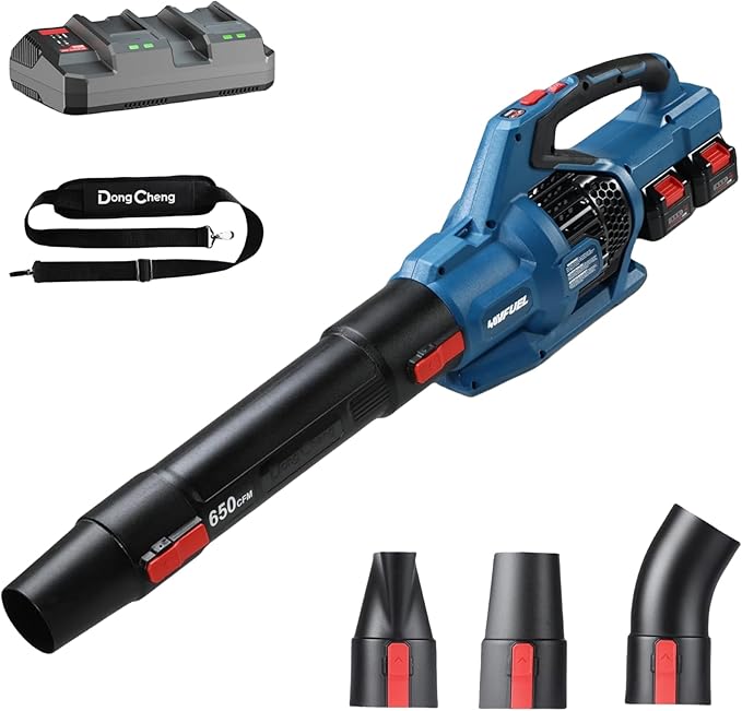 DongCheng Leaf Blower, 650 CFM 40V Cordless Leaf Blower with 2 * 4.0Ah Batteries and Charger, Variable Speed Jet Fan Brushless Motor Electric Leaf Blower for Town Care, Patio, Blowing Leaves and Snow
