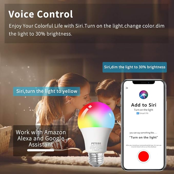 Peteme Smart WiFi Light Bulbs, Led RGB Color Changing Bulbs Compatible with Alexa, Siri,Echo, Google Home, A19 E26 60W Smart Bulbs 1 Pack