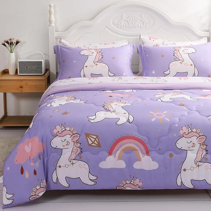 Wajade Kids Purple Unicorn Comforter Set Bed in A Bag Full Size 7 Piece Cute Unicorn Rainbow Clouds Bedding Set for Girls (1 Comforter, 1 Flat Sheet, 1 Fitted Sheet, 2 Pillowcase and 2 Pillow Sham)