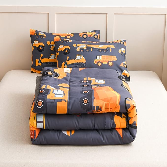 NTBED Construction Truck Comforter Set for Boys Kids Vehicles Excavator Cars Lightweight Microfiber Bedding Sets (Grey, Twin)