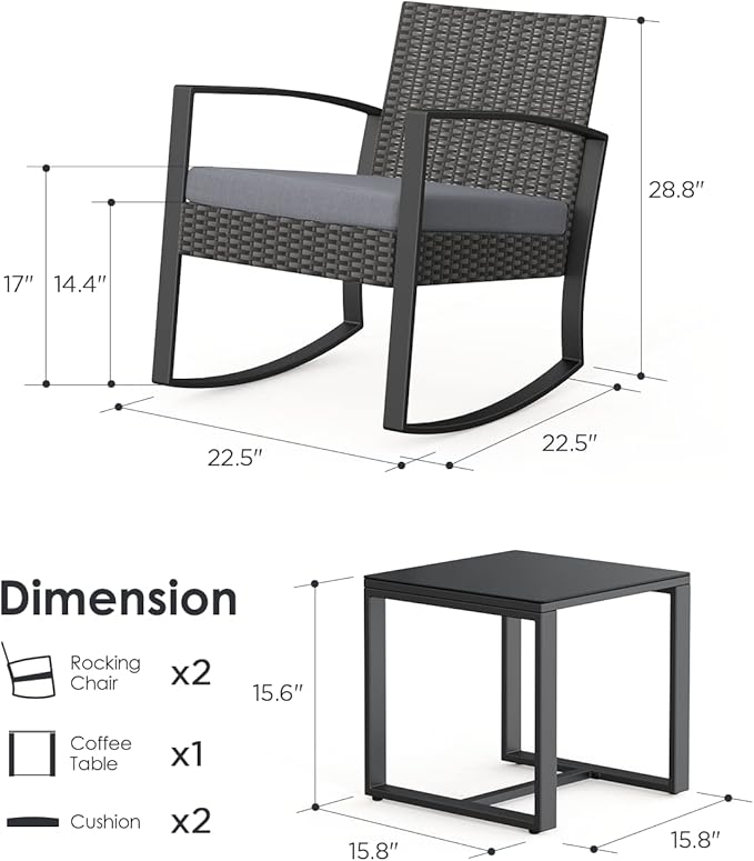3 Piece Wicker Patio Furniture Set, Outdoor Rocking Chairs, Outdoor Furniture with Table & Cushions, Patio Chairs Balcony Porch Furniture, Gray