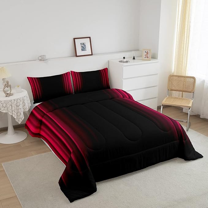 Feelyou Geometric Abstract Ombre Bedding Bed Set Men Adults Teens Vibrant Red Black Striped Comforter Set Kids Boys Girls Simple Modern Comforter Collection 2Pcs Twin Size Boys