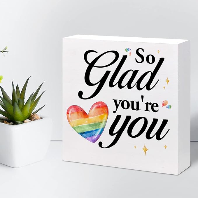 So Glad You're You Rainbow Heart Wood Box Sign Decor Desk Sign,Inspirational Affirmation Wooden Box Block Sign for Home Office Shelf Table Decor Decorations