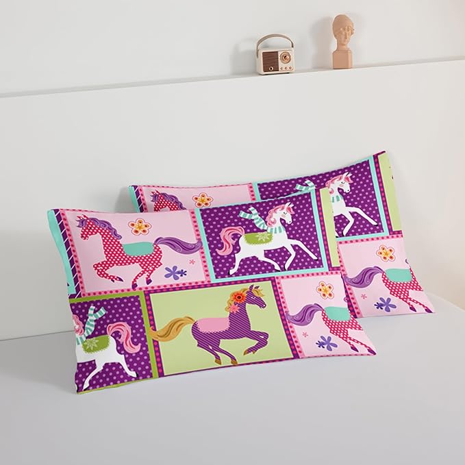 HOSIMA 3Pcs Kawaii Kids Horse Queen Comforter Set with 2 Pillowcases,Colorful Dots Style Comforter for Adults Teens Princess Toddler Bedding Sets Queen,Horse Pony Comforter Set.