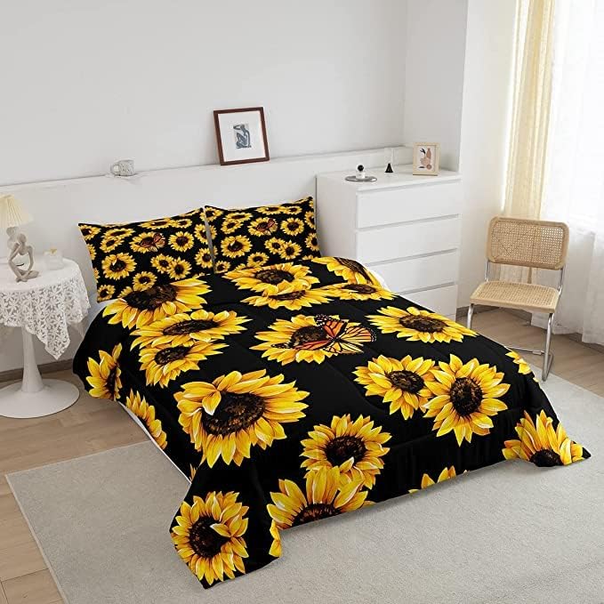 Feelyou Sunflower Bedding Set Girls Yellow Floral Butterfly Comforter Chic Flowers Comforter Set for Kids Teens Botanical Nature Duvet Set Soft Room Decor King Size Boys