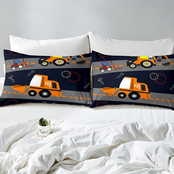 Feelyou Kids Equipment Trucks Comforter Boys Excavators Bedding Set Construction Site Vehicle Car Decor Comforter Set Tractor Orange Black Grey Quilt SetBedroom Collection 2Pcs Twin Size