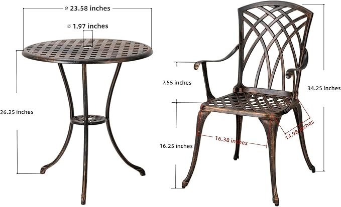 Bistro Set 3 Piece Rustproof Cast Aluminum Patio Furniture Sets Round Table with Umbrella Hole for Outdoor, Patio, Balcony, Bronze