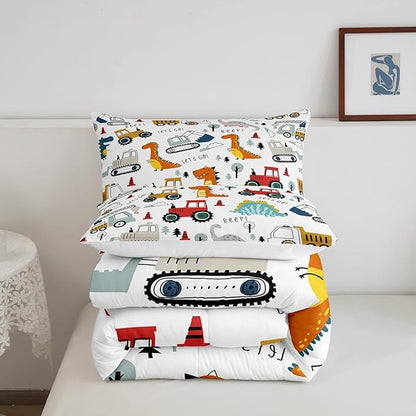 Feelyou Construction Comforter Set Kids Cartoon Dinosaur Comforter Cover Set for Boys Equipment Trucks Bedding Set Construction Vehicles Kawaii Jungle Dino Duvet Set Room Decor Quilt Set Twin Size