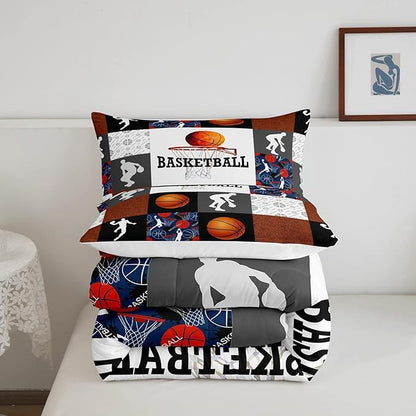 Basketball King Comforter Set For Boys Sports Bedding Set Basketball Athlete Bed Comforter Sets Patchwork Style Orange Black White Grey Soft Lightweight Quilt Duvet Insert 2 Pillow Cases Room Decor