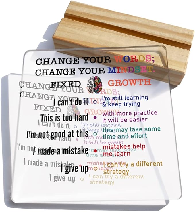 Growth Mindset Gift Change Your Words Change Your Mindset Clear Desk Decorative Sign Keepsake Present Positive Acrylic Plaque with Wooden Stand Sign Desk Decor for Home Office