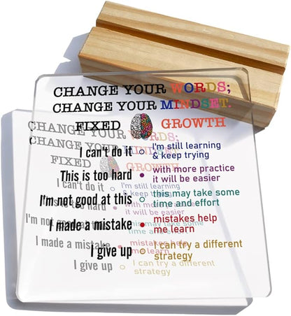 Growth Mindset Gift Change Your Words Change Your Mindset Clear Desk Decorative Sign Keepsake Present Positive Acrylic Plaque with Wooden Stand Sign Desk Decor for Home Office