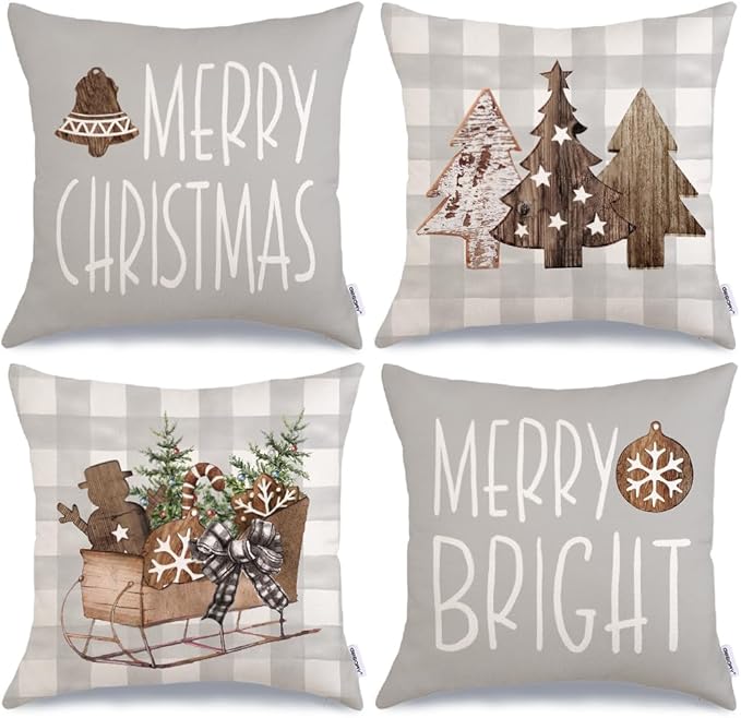 GEEORY Christmas Pillow Covers 18 x 18 Inch Set of 4, Buffalo Plaid Wooden Tree Snow Sleigh Merry Xmas Holiday Decor Decorative Throw Cushion Cases Decoration for Home Party Sofa Couch (Beige)