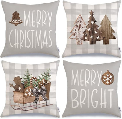 GEEORY Christmas Pillow Covers 18 x 18 Inch Set of 4, Buffalo Plaid Wooden Tree Snow Sleigh Merry Xmas Holiday Decor Decorative Throw Cushion Cases Decoration for Home Party Sofa Couch (Beige)