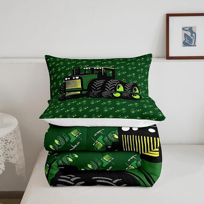 Erosebridal Boys Tractor Comforter Set Twin Size, Green Equipment Trucks Bedding Set, Construction Excavator Down Comforter, Cartoon Kids Car Room Decor Lightweight Soft Quilt Set, Farm Car Comforter