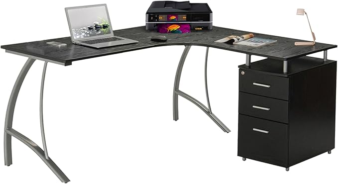 Techni Mobili Modern Computer File Cabinet and Storage L-Shaped Desk, Espresso