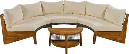 Merax Outdoor Sectional Patio Furniture Sets, Half Moon All Weather Wicker Seating Group, with Cushions and Round Coffee Table, Beige