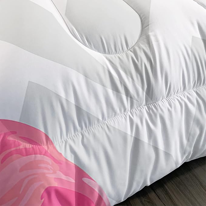 Flamingo Comforter Set Queen Size Tropical Flamingo Geometric Stripe Bedding Set Flamingo Quilted Duvet for Kids Girls Boys Adult with 1 Comforter and 2 Pillowcases