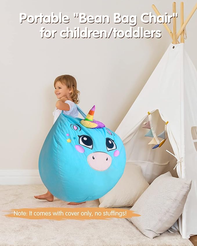 Aubliss Stuffed Animal Storage, Velvet Bean Bag Chairs Cover, Large 32" Ultra Soft Kids Toy Storage Organizer for Blankets Towels Clothes, Blue Big Eyes