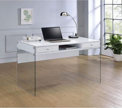 Coaster Home Furnishings Dobrev 2-Drawer Writing Desk Glossy White and Clear