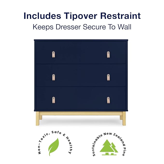 Delta Children Gap babyGap Oxford 6-in-1 Convertible Crib - Greenguard Gold Certified, Bianca White/Natural & Gap babyGap Legacy 3 Drawer Dresser with Leather Pulls, Navy/Natural