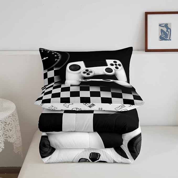 Gampad Comforter Set Queen Size,Gamer Lover Bedding Set Gift for Boys Youth,Video Game Reversible Quilted Duvet Soft Warm Game Room Decor,Black Buffalo Plaid Check Duvet Insert + 2 Pillowcases