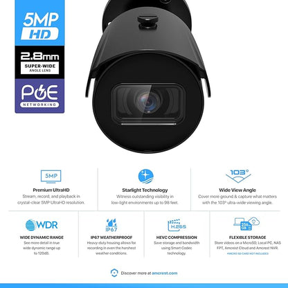 Amcrest UltraHD 5MP Outdoor POE Camera 2592 x 1944p Bullet IP Security Camera, Outdoor IP67 Waterproof, 103° Viewing Angle, 2.8mm Lens, 98.4ft Night Vision, 5-Megapixel, IP5M-B1186EB-28MM (Black)