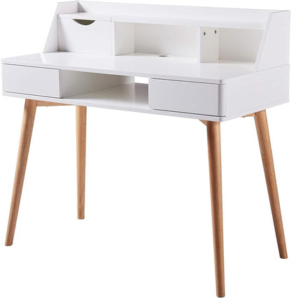 Teamson Home Creativo Writing Study Computer Desk with Solid Wood Legs, Storage Drawers and Open Shelves Hutch for Home Office Living Room Reading Bedroom, 37 inch Height, White