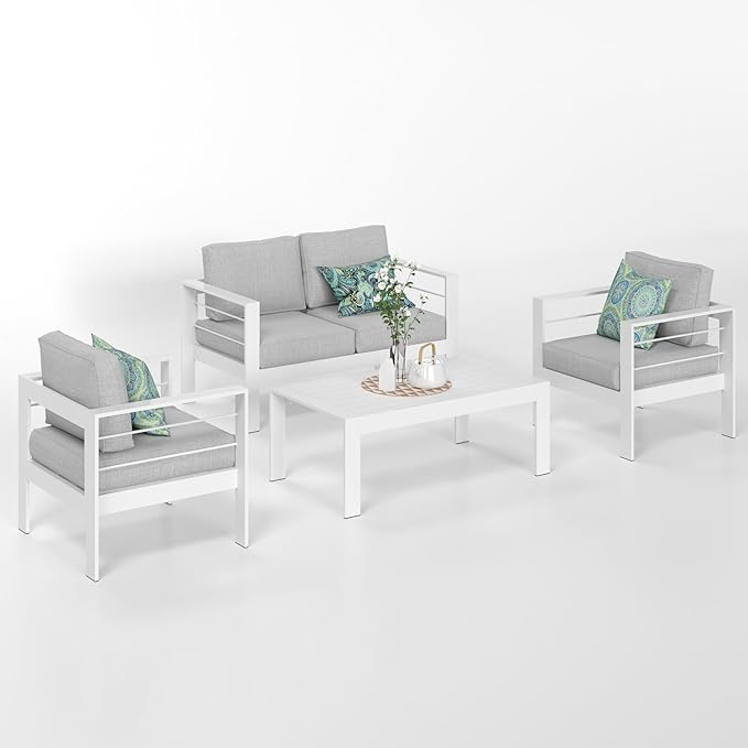 Solaste Outdoor Aluminum Furniture Set - 4 Pieces Patio Sectional Chat Sofa Conversation Set with Table,White
