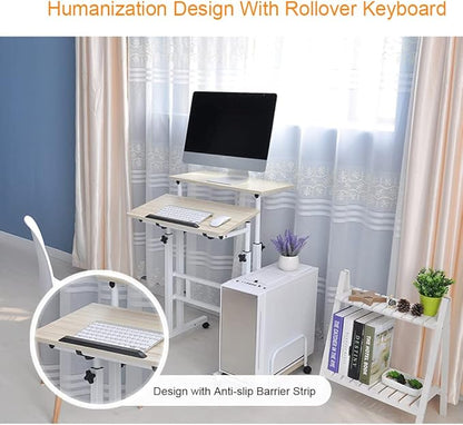DlandHome Mobile Standing Desk Stand Up Desk Rolling Desk, Stand Sit Desk Mobile Computer Desk Adjustable Standing Desk 23.6inches Table Workstation Mobile Desk Cart Tray Maple