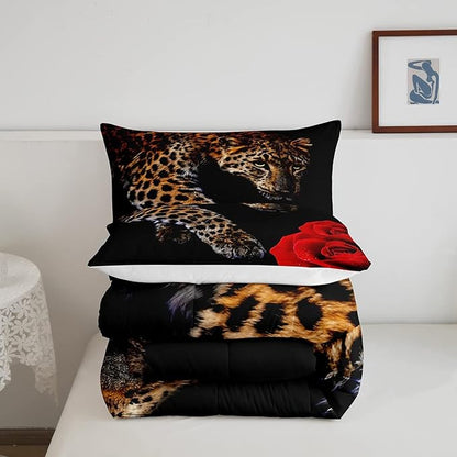 Erosebridal Leopard Comforter Set King Size,Red Rose Cheetah Bedding Set,Cat Leopard Print Down Comforter, Romantic Floral Quilted Duvet, Safari Animal Quilt Set, Stylish Bedroom Decor, Black