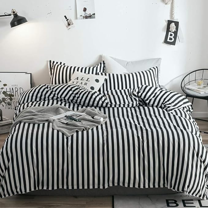 White&Black Stripes Comforter Set Full Women Bedding Set Soft Durable White Striated Bedding Set Black Stripes Ticking Quilts Hotel Quality Comforter Set Girls boy White Black Stripes Bed Set