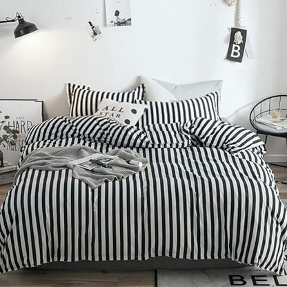 White and Black Stripes Comforter Set King Women Bedding Set Soft Durable White Striated Bedding Set Black Stripes Ticking Quilts Hotel Quality Comforter Set Girls White Black Stripes Bed Set