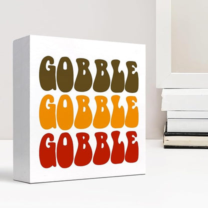 Autumn Desk Decor,Groovy Gobble Gobble Fall Thanksgiving Wood Block Sign Desk Decor,Rustic Autumn Seasonal Wooden Box Plaque Sign Desk Decor for Home Shelf Table Decorations