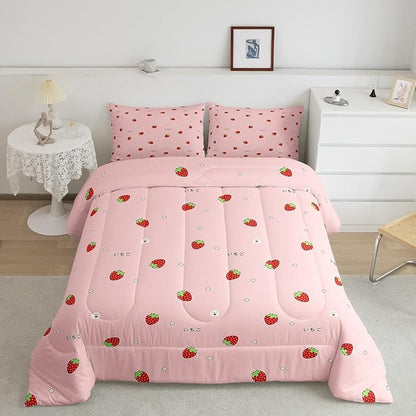 Erosebridal Cute Strawberry Comforter Set Queen Kawaii Japanese Bedding Set, Red Reversible Soft Sweet Cartoon Fruit Duvet Set for Girls Kids Gift Pink Warm Down Comforter Room Decor