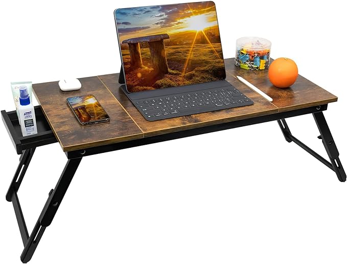 Bamboo Laptop Desk Bed Tray Table Adjustable Table for Computer Tilting Top Foldable Leg with Drawer
