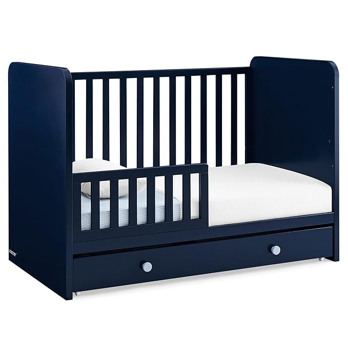 Delta Children babyGap Graham 4-in-1 Convertible Crib with Storage Drawer + Brannan Bear Bookcase with Bins + Brannan Bear Wall Shelf with 4 Hooks, Navy/Light Blue (Bundle)