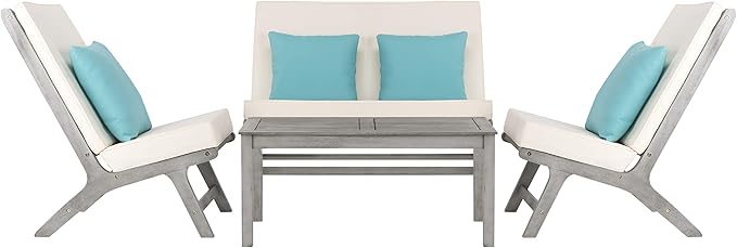 Safavieh PAT7044B Collection Chaston Wash and White and Light Blue 4 Pc Living Accent Pillows Outdoor Set, Grey/Beige Soild