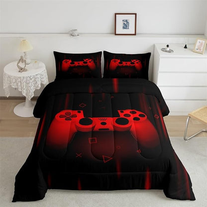 Feelyou Queen Comforter Set for Boys Gamer Bedding Set for Boys Kids Gaming Comforter Red Black Teen Child Gamer Room Decor Soft Game Geometric Duvet Quilted 1 Comforter with 2 Pillowcases Gamer Gifts