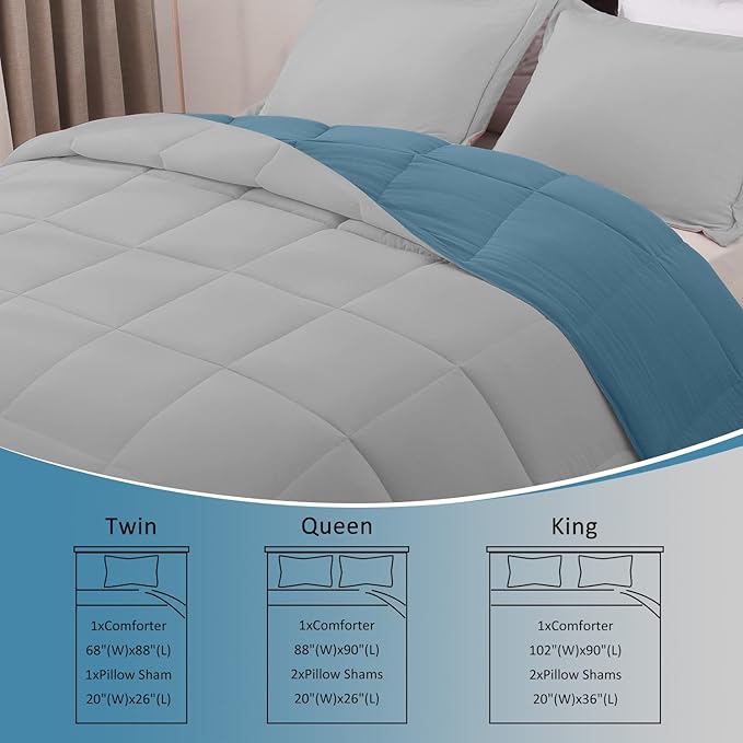 Basic Beyond Queen Comforter Set - Fluffy Comforter Queen Set for All Seasons - Reversible Blue Comforter Set Queen for Mens - 3 Pieces (1 Comforter + 2 Pillow Shams) - Blue/Grey