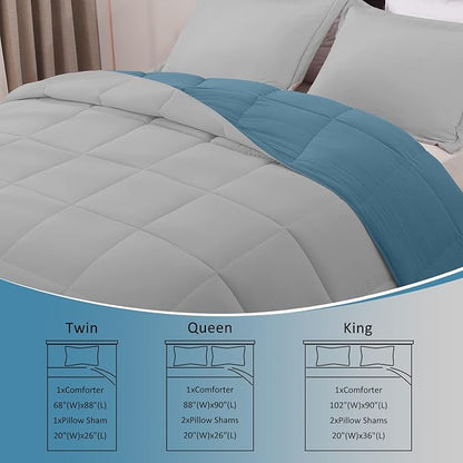 Basic Beyond King Size Comforter Set - Fluffy King Bed Comforter Set for All Seasons - Reversible Blue Comforter Set King - 3 Pieces (1 Comforter + 2 Pillow Shams) - Blue/Grey