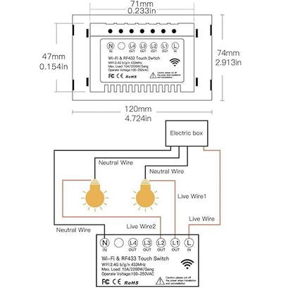 MOES 2.4GHz WiFi Wall Touch Smart Switch Neutral Wire Required, 3 Way Multi-Control, Glass Panel Light Switch Work with Smart Life/Tuya App, RF433 Remote Control, Alexa and Google Home White 1 Gang
