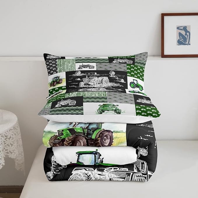 Tractor Bedding Set King Size Equipment Trucks Comforter Set Farmhouse Harvester Down Comforter for Kids Boys Car Bedroom Decor Green Vehicle Quilt Set Plaid Comforter with 2 Pillowcases, Grey