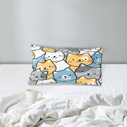 Cat Comforter Twin Size Cartoon Cat Comforter Set Cute Cat Print Bedding Sets for Girls Room Kids Cat Twin Quilt Set, 1 Comforter+1 Pillowcase