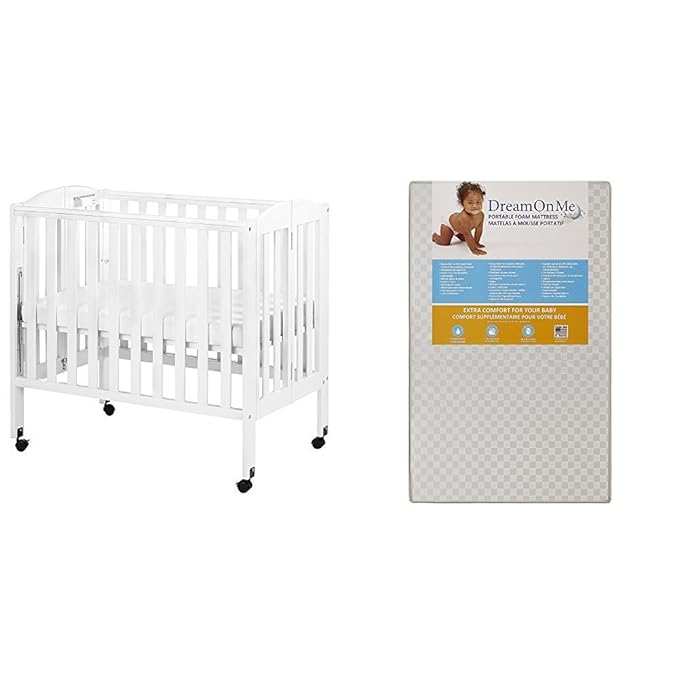 3 in 1 Portable Folding Stationary Side Crib with Dream On Me 3 Portable Crib Mattress, White