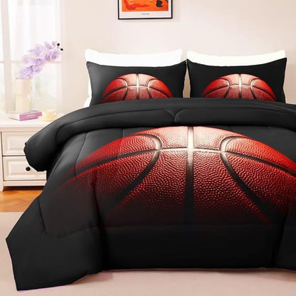 Teens Boys Sports Comforter Set Twin,Basketball Bedding Set for Kids,Sports Orange Basketball Comforter Sets,Black Teenage Boy Bedroom Bed Set 3 Pieces with Pillowcases