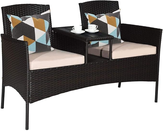 LUARANE Outdoor Rattan Sofas, Contract Patio Conversation Set Wicker Sofa Set with Built-in Coffee Table, Patio Furniture Set with Cushions, Rattan Loveseat for Lawn Backyard Garden (Brown+Beige)