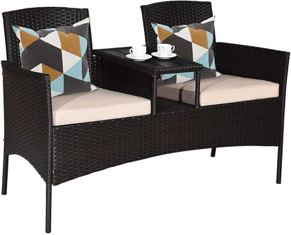 LUARANE Outdoor Rattan Sofas, Contract Patio Conversation Set Wicker Sofa Set with Built-in Coffee Table, Patio Furniture Set with Cushions, Rattan Loveseat for Lawn Backyard Garden (Brown+Beige)