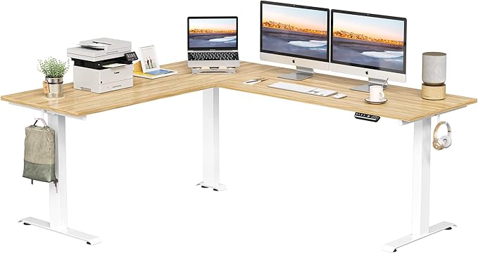 FEZIBO 75 Inches Triple Motor L Shaped Standing Desk Reversible, Electric Height Adjustable Corner Stand up Desk, Sit Stand Desk Computer Workstation, White Frame/Natural Top