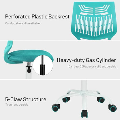 FurnitureR Desk Chair Armless Home Office Task Chair with Mesh Padded Cushion Swivel Study Chair with Rolling Wheels for Kids Teens Children, Turquoise