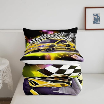 Feelyou Yellow Sports Car Comforter Sets King Size, Boys Race Car Bedding for Teens Girls Adult Extreme Speed Race Car Duvet Sets Black and White Grids Print Car Theme Bedroom Decor Quilts